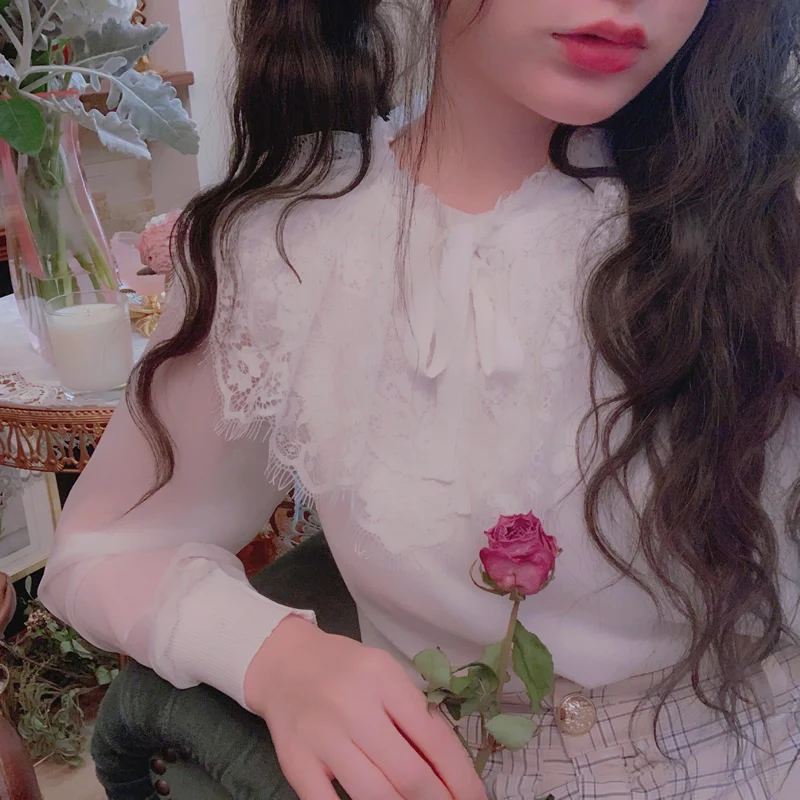 

Princess sweet lolita blouse Summer and spring fashion all match slim and thin long sleeves blouse with lace bow women T1732