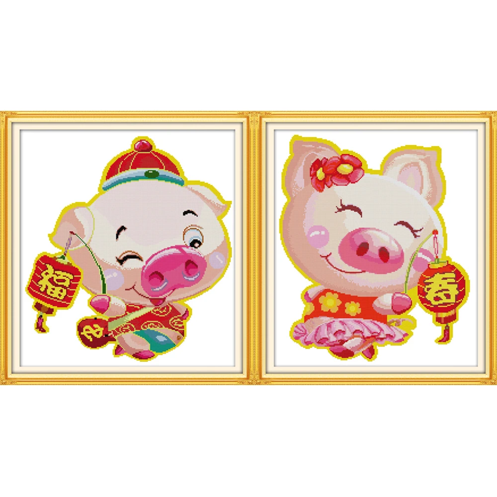 

NKF Blessing-Pig Stamped Animal Cross Stitch Patterns DIY Kits Needlework Embroidery Chinese Cross Stitch Sets for Home Decor