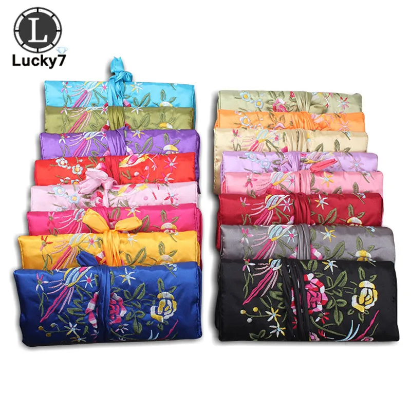 10pcs/lot Chinese Wind Silk Jewelry Organizer Travel Pouches With Ring Bar Jewellery Zipper Embroidery Flower Bird Hand Roll Bag