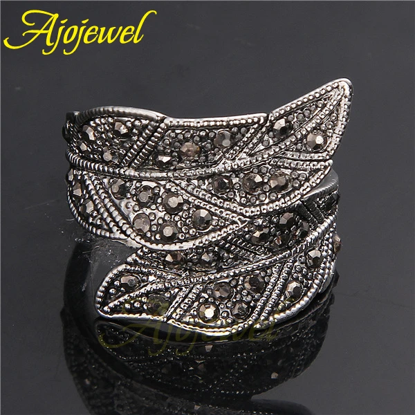 Ajojewel Fashion Vintage Black CZ Leaf Wide Ring Band Jewelry Women Female Rings Size 7-9