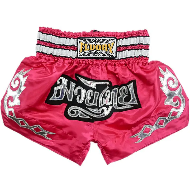 Giovani e bambini (ragazze e ragazzi) pantaloncini fluory Muay Thai patch ricamata pantaloncini da kick boxing colore moda rosa per il combattimento