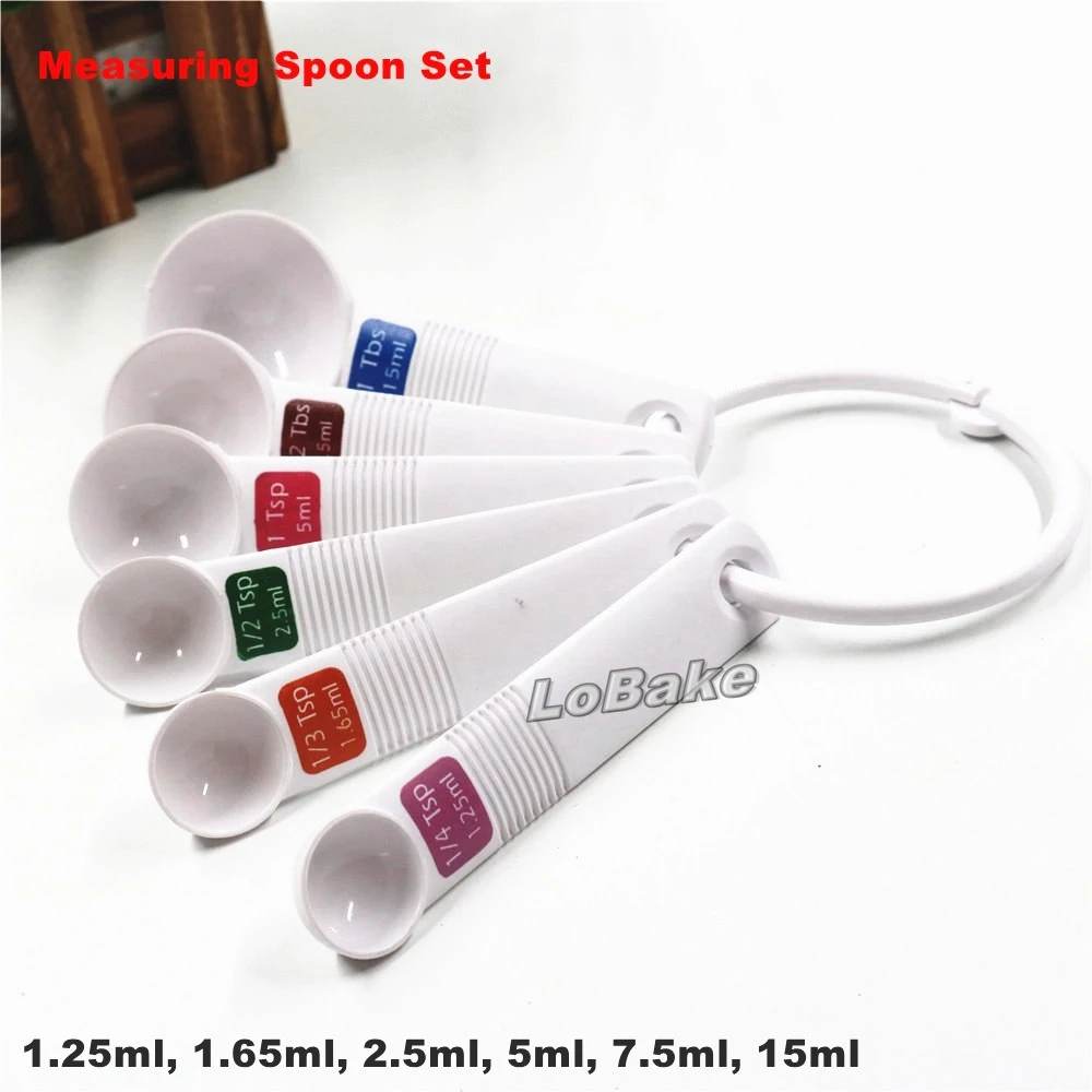 (6 units/set) Latest small capacity 1.25ml, 1.65ml, 2.5ml, 5ml, 7.5ml, 15ml plastic measuring spoons with hanger for bakery tool