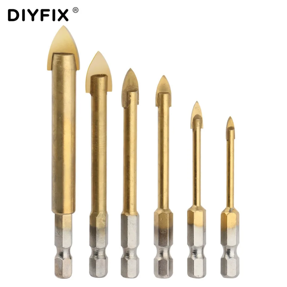 DIYFIX 6PC Tungsten Carbide Glass Drill Bit Set Titanium Coated Ceramic Tile Cutter with 1/4