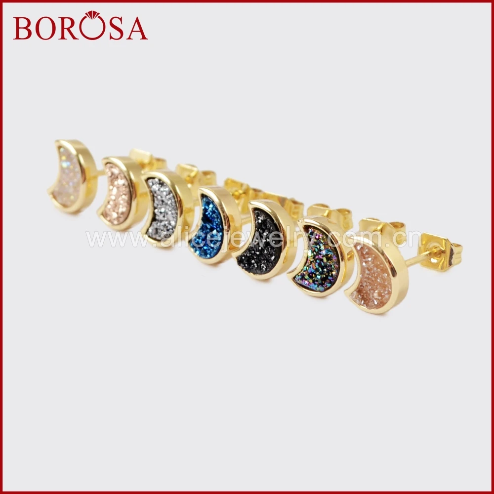 

BOROSA 5/10Pairs Gold Color Bezel Moon Shape Rainbow Titanium Druzy Stud Earrings Agates Drusy Earring Jewelry for Women ZG0282