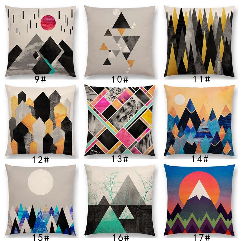 New Impressionist Sunrise Sunset Abstract Colorful Sun Geometric Mountain Ornate Triangles Peaks Throw Pillow Case Cushion Cover