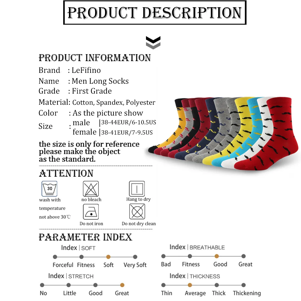 LeFifino Fashion Harajuku Street Style Men\'s Cotton Socks Novelty Moustache Male Casual Dress Socks for Men High Quality L24629