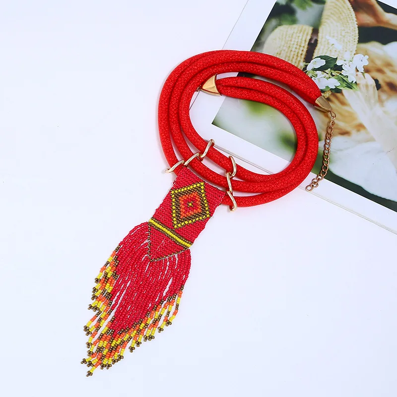 Women Boho Woven Beads Necklaces Jewelry Handmade Multilayer Bohemia Long Tassel Pendant Necklace Wholesale