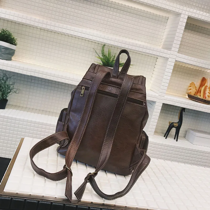 Vintage Women Backpack High Quality Leather School Bags for Teenage Girls Large Drawstring Backpacks Black Brown Rucksack XA50H