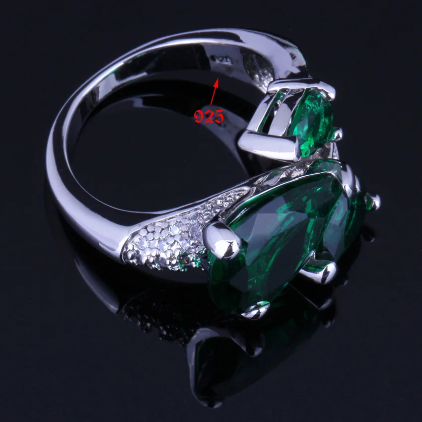 Brilliant Pear Green Cubic Zirconia White CZ Silver Plated Ring V0147