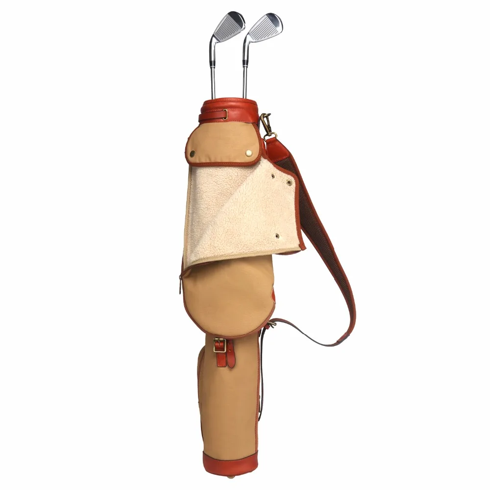 Tourbon Vintage Golf Club Bag Carrier Pencil Style Canvas & Leather Khaki Sunday Bag Wax Waterproof Fleece Padded Cover 84CM
