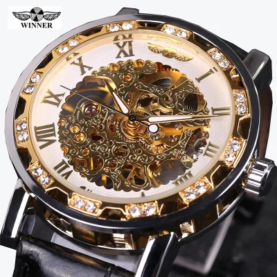 WINNER Brand Leather Mechanical Watch Mens Watches Waterproof Skeleton Business Men Clock Luxury Sport Military Male Wristwatch