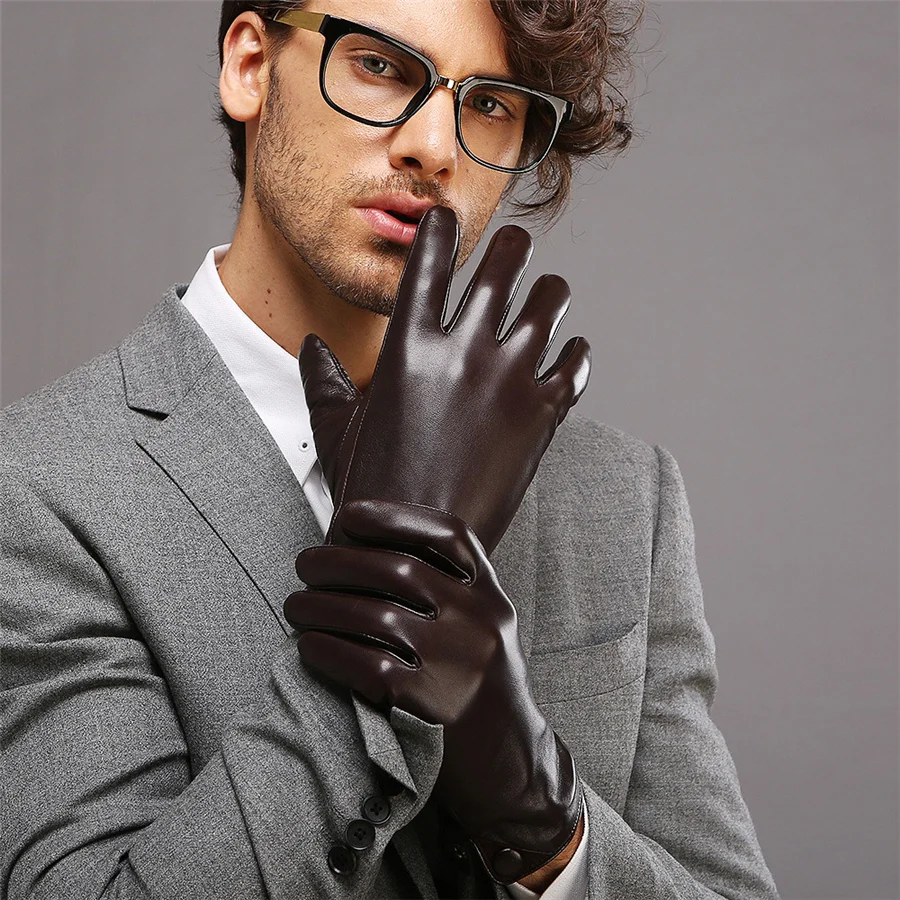 Warm Solid Men Leather Gloves Fashion Black Wrist Real Genuine Sheepskin Glove Winter Driving Time-limited M001NC