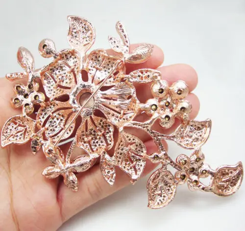 Rose Gold-tone Vintage Style Flower Woman Brooch Pin Clear Rhinestone Crystal