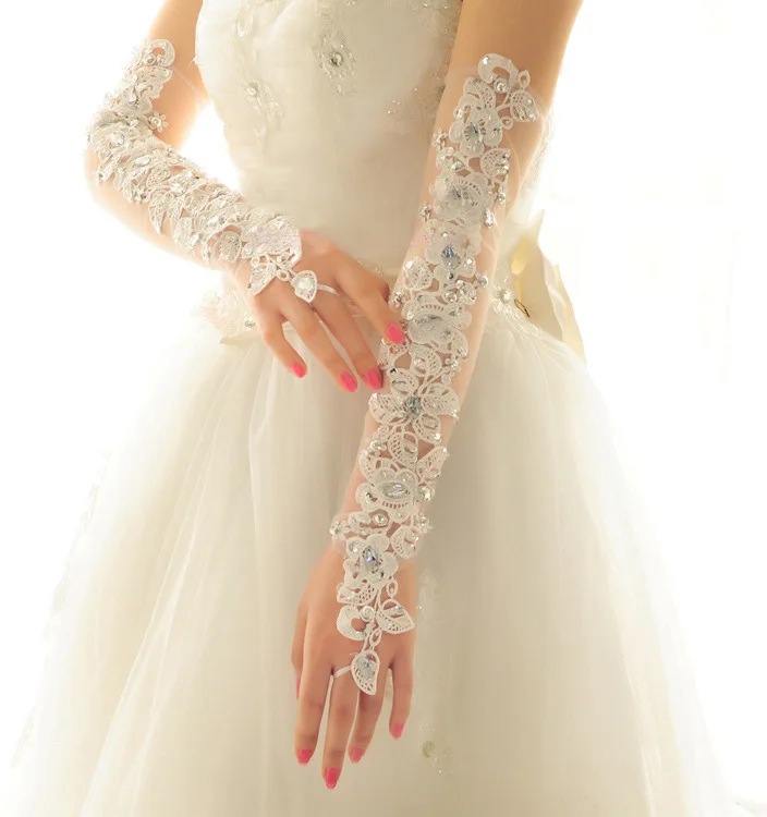 JaneVini di Lusso Avorio Lunghi Guanti Da Sposa Appliques In Rilievo di Tulle Guanti Senza Dita per le Signore Guanti Da Sposa Accessori Da Sposa