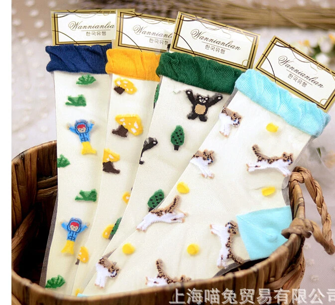 

120pairs/lot Japanese style lady Transparent glass socks cored silk cartoon animal pattern girl socks