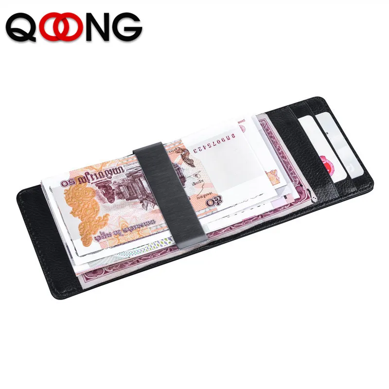 QOONG-Porte-cartes de visite en cuir véritable pour hommes, porte-cartes d'identité et de nom, portefeuilles simples, porte-monnaie, pince à billets, marque de créateur