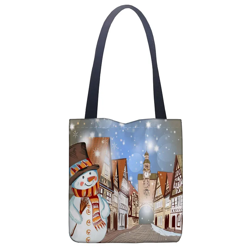 

Custom Christmas Snowman Handbag Print Canvas Fabric Tote Bag Customized Eco Bags Single Shoulder Bag Custom Made Shopping Bags