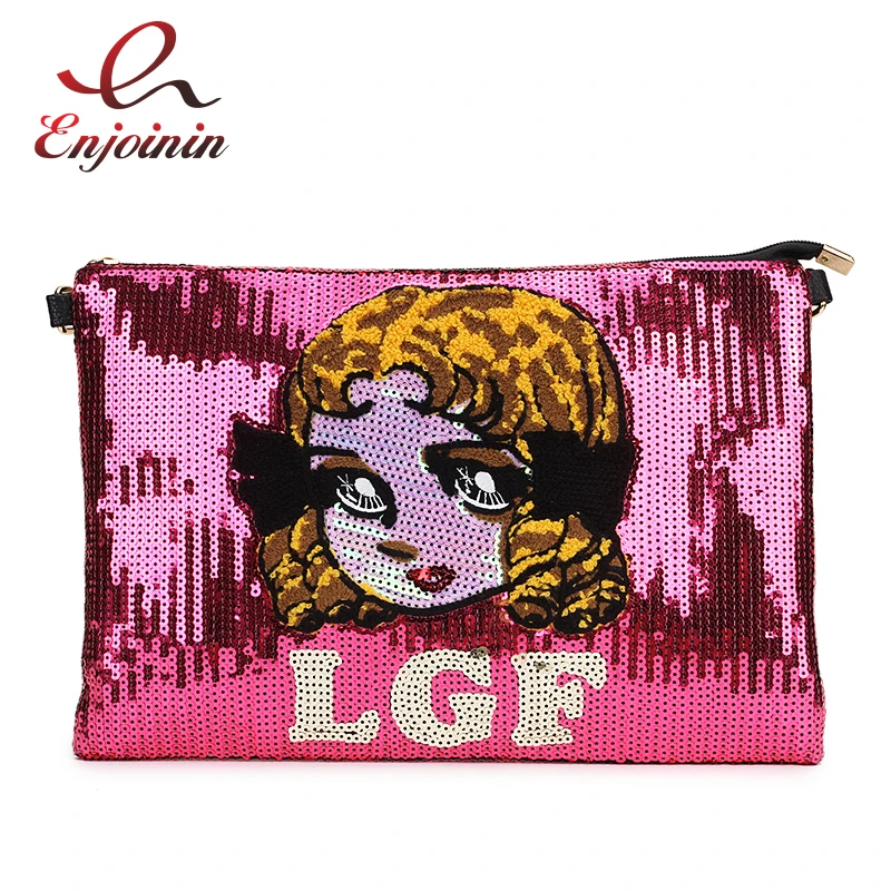 

Fashion Sequins Comic Girl Pattern Pu Leather Ladies Daily Clutch Envelope Bag Crossbody Messenger Bag Shoulder Bag Women Flap