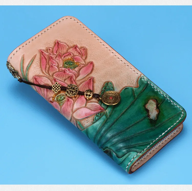 Handmade Cowhide Carving Lotus Bag Purses Women Long Clutch Vegetable Tanned Leather Wallet Mother's Day Gift