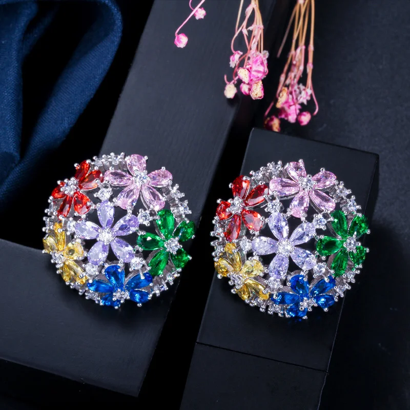 Pera Romantic Big Round Cute Hollow Out Colorful CZ Crystal Silver Color Flower Ball Stud Earrings for Women Party Jewelry E309