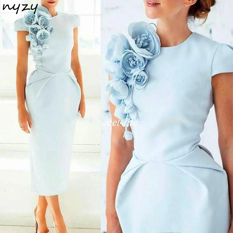 NYZY C4 Elegant 2019 Robe Cocktail Formal Dress Tea Length Handmade Rosettes Light Blue Satin Dress for Wedding Party Homecoming