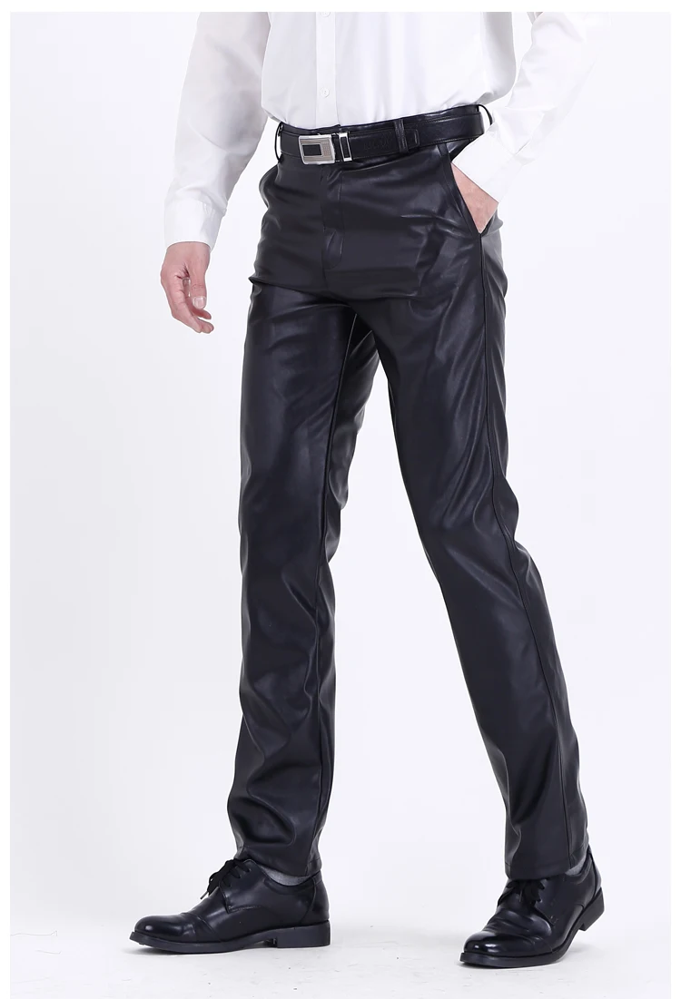 Herren-Lederhose, gerade Passform, elastische PU-Lederhose, Motorradhose, dünn – Detail 4