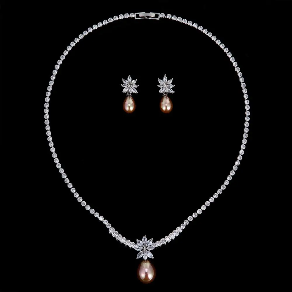 CZ Cubic Zirconia Pearls Bridal Wedding Leaves Necklace Earring Set Jewelry Sets for Women Prom Jewelry Accessories CN10266