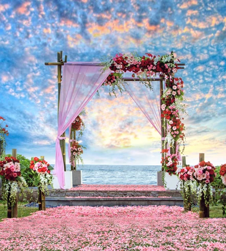 10x10FT Sea Beach Pink Flowers Garland Wedding Stage Petals Custom Photography Backdrops Studio Background Vinyl 300cm x 300cm