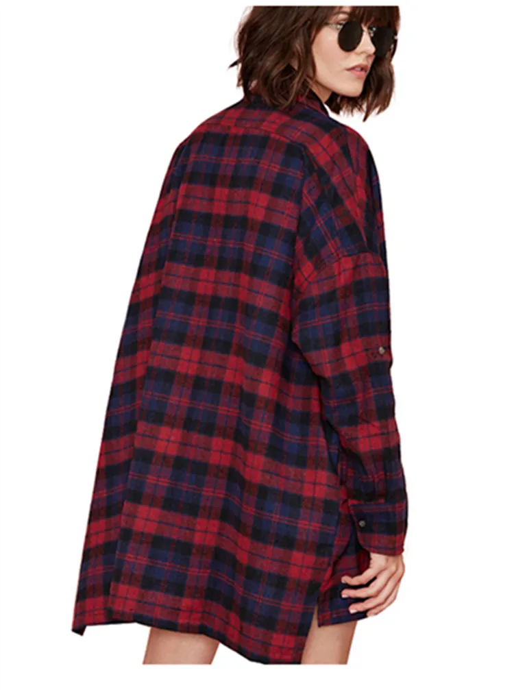 Spring Plaid Women Shirts Long Plus Size Button Turn-down Collar Corduroy Casual Shirts Blouse Brand Red Plaid Blouse W3 35