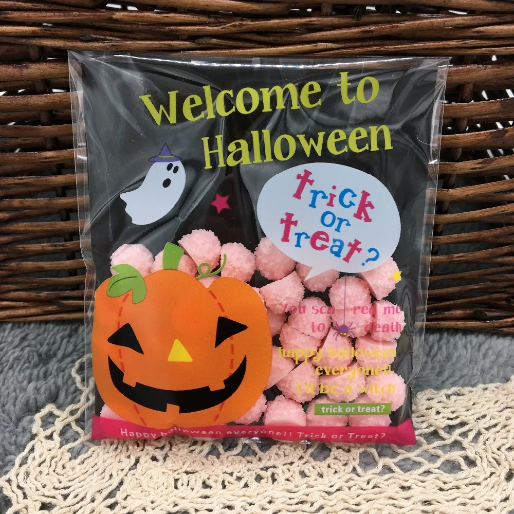 10cm*10cm 50Pcs Welcome to Halloween Pumpkin Cookie Self Adhesive Plastic Packing Bags Biscuit  Candy Bags