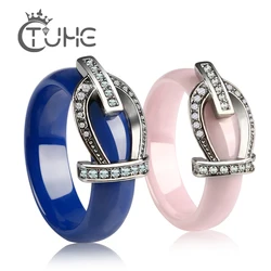 6mm New Princess Crystal Ring Crown Zircon Blue Pink Ceramic Engagement Rings For Women Girls Bride Wedding Fashion Jewelry Gift