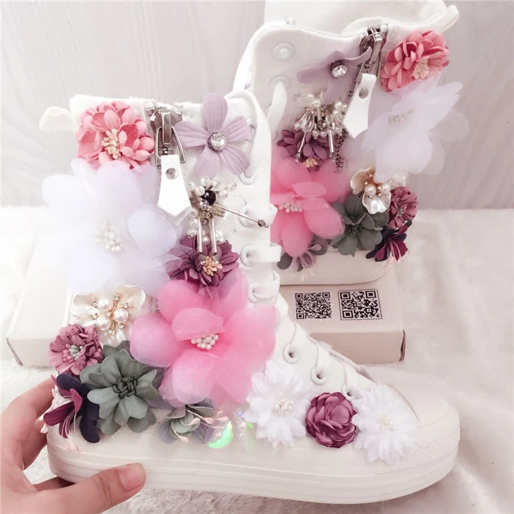 

Sweet Flowers Women Canvas Shoes Flat Shoes High Top Manual Side Zipper Rhinestone Flowers Ladies Canvas Shoes Pearl