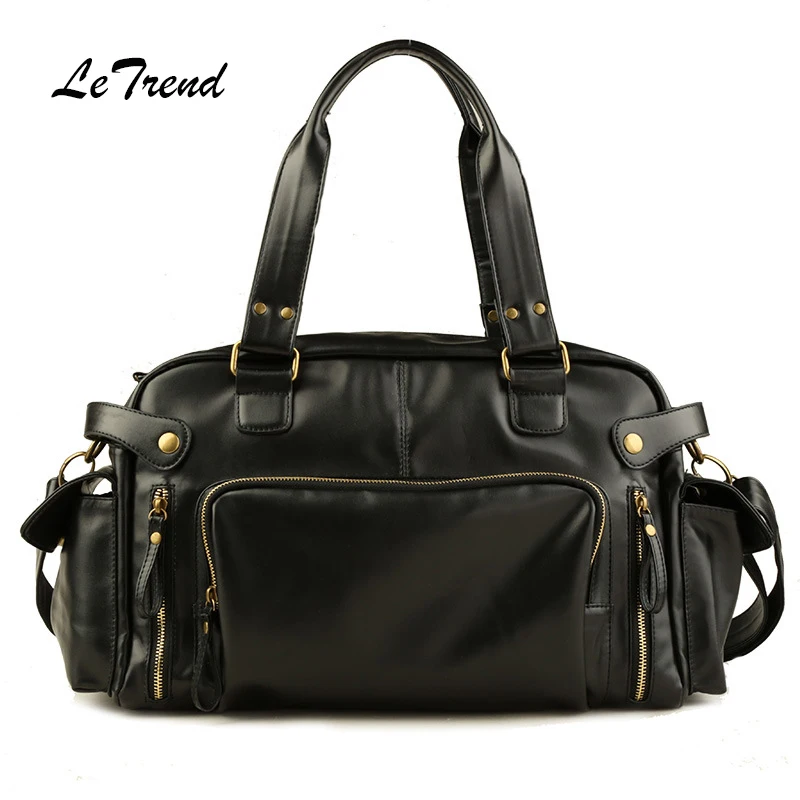 

LeTrend New Black Shoulder Bags PU Leather Men's Bag High Capacity Men Handbag Multifunction Travel Duffle Fashion School Bag