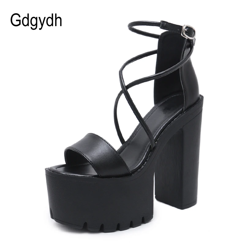 Gdgydh Platform Shoes For Summer Extreme High Heels Sandals Open Toe Fashion Buckle Block Heels Punk Black Leather Good Quality