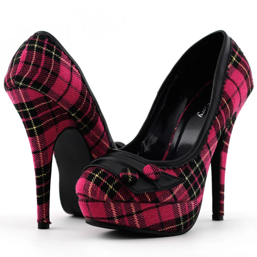 LF30441 Hot Pink/Red Checkered Buttons Platform Stiletto Party Pumps