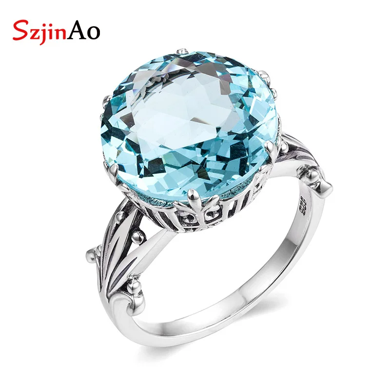 SzjinAo Handmade Round Aquamarine Rings For Women solid 925 Sterling Silver March Birthstone Luxury Wedding Anniversary Jewelry