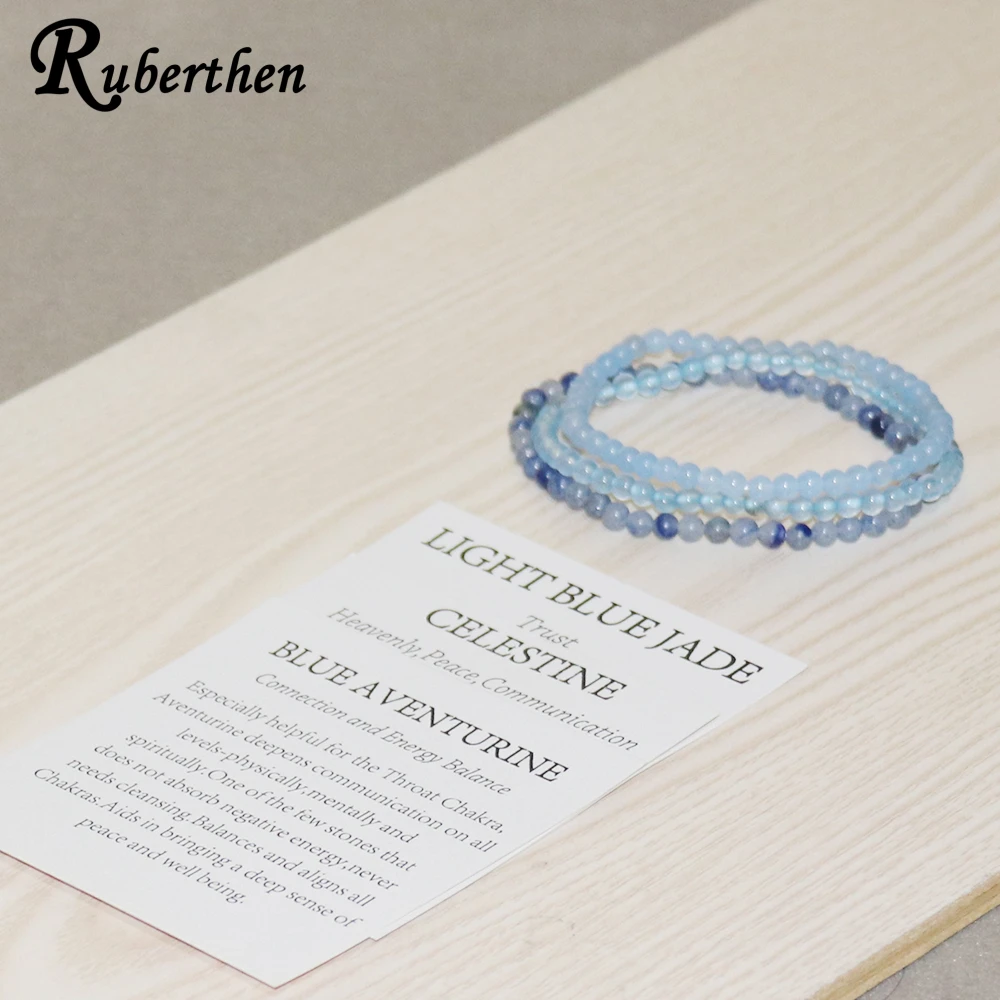 Ruberthen 4 MM Blue Aventurine Bracelets Set Womens Natural Celestine Blue Jade Mini Gemstone Bracelet