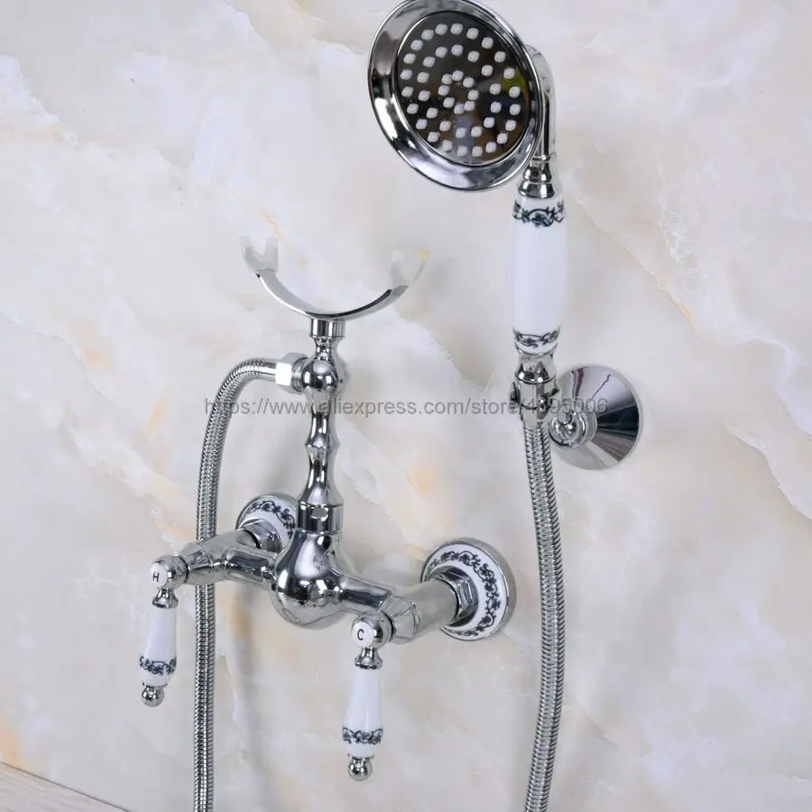 Polished Chrome Wall Mounted Bathroom Bath Faucet Mixer Tap With Hand Shower Head Shower Faucet Set Bna262