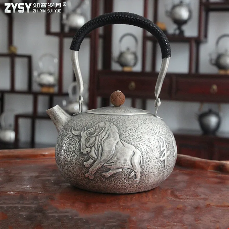 pure silver Kung Fu tea set, manual production pure silver 999 do old burn water kettle mention beam pot, office gift collection