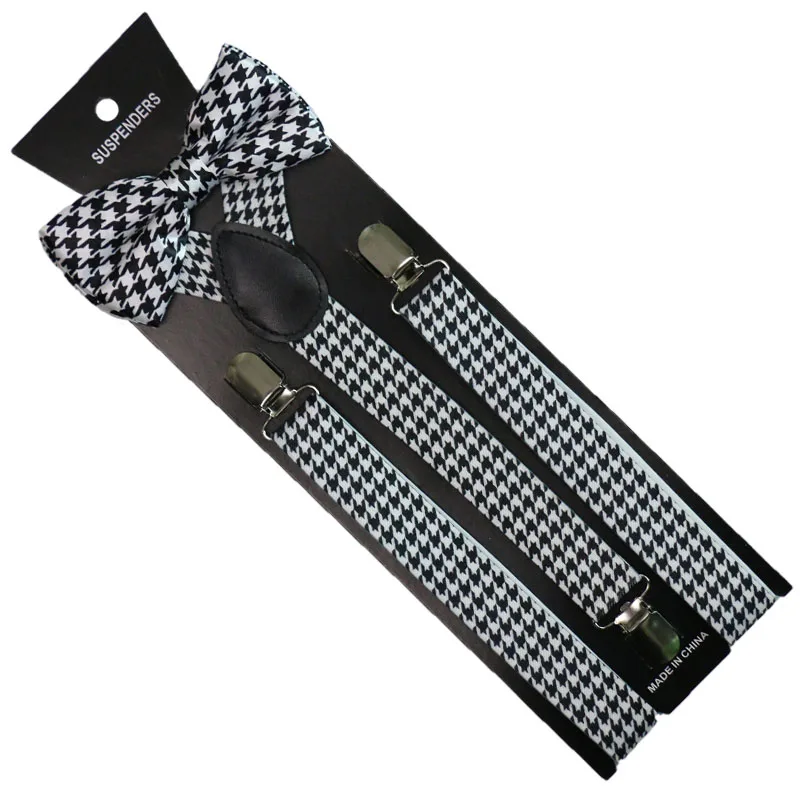 Winfox Fashion Black White Houndstooth Bow Tie And Suspenders Sets For women Men