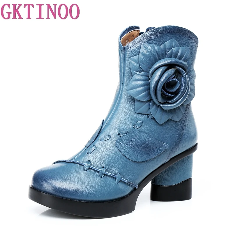 GKTINOO Women Genuine Leather Boots 2024 Fashion Handmade Retro Boots High Heels Ankle Boots Female Cowhide Floral Shoes