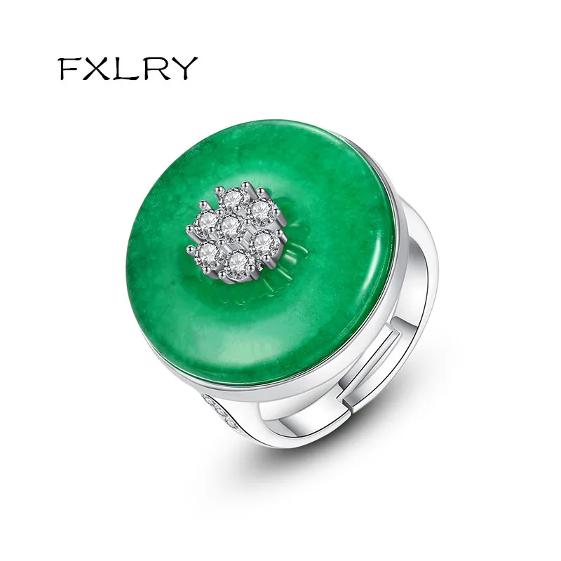 FXLRY Vintage Resizable Circular Ring for Women Wedding Dating Luxury CZ Green Main Stone adjustable ring