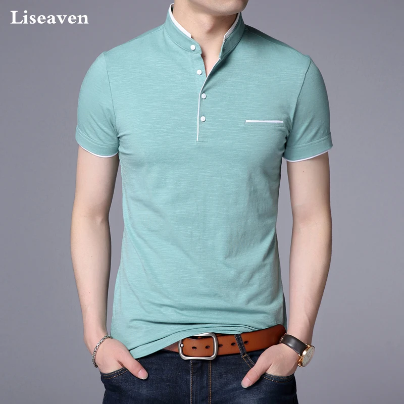 Liseaven Men Mandarin Collar T-Shirt basic tshirt male short sleeve shirt Brand New Tops&Tees Cotton T Shirt