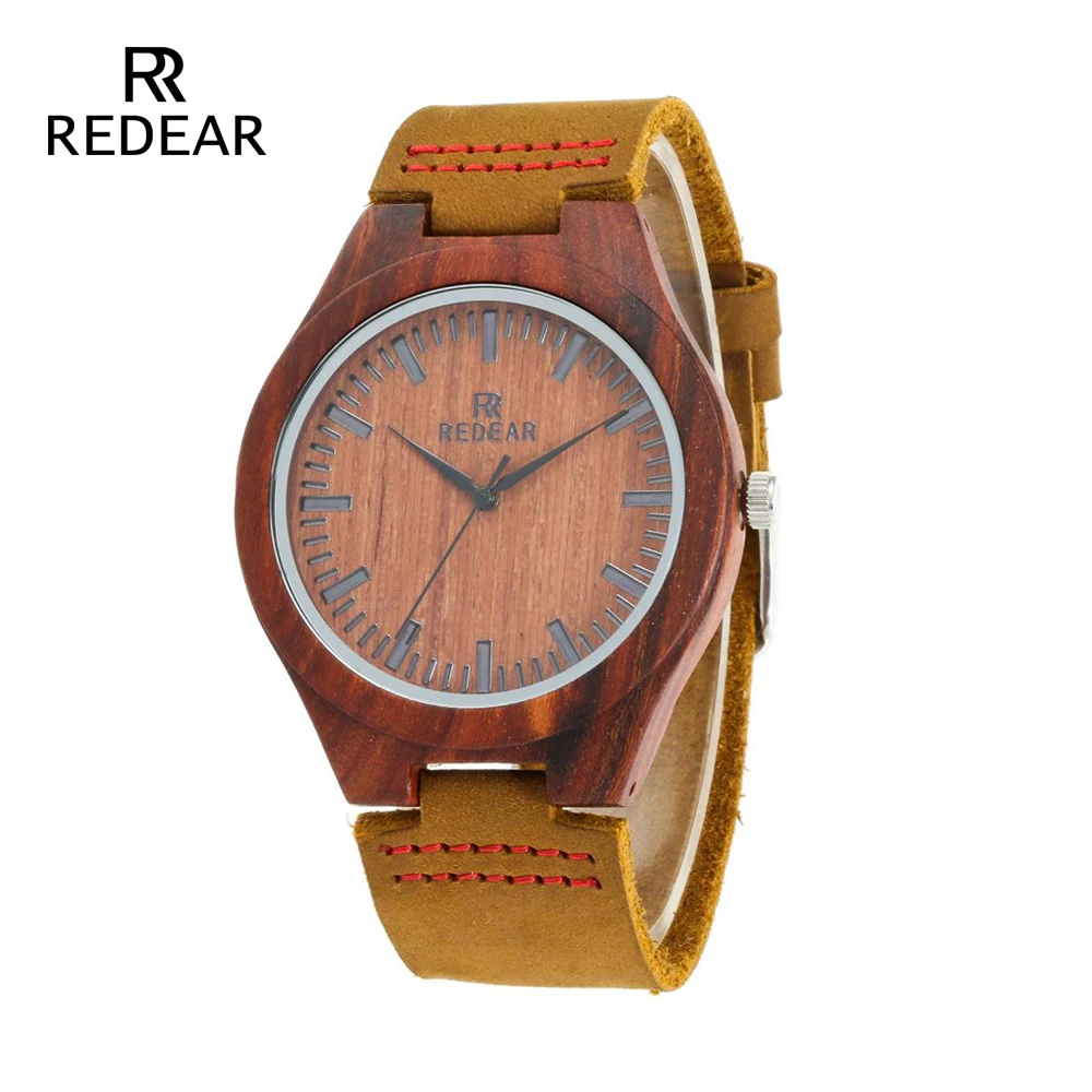 

REDEAR Free Shipping Classic Brand Design Red Sandalwood Watches Soft Real Leather Band Pocket Watch Dropshipping Watches