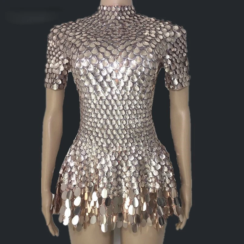 Sexy Lovely Sequins Mini Dress Costume Celebrate Rhinestone Bodysuit Birthday Silver Dresses Sexy Nightclub Leotard