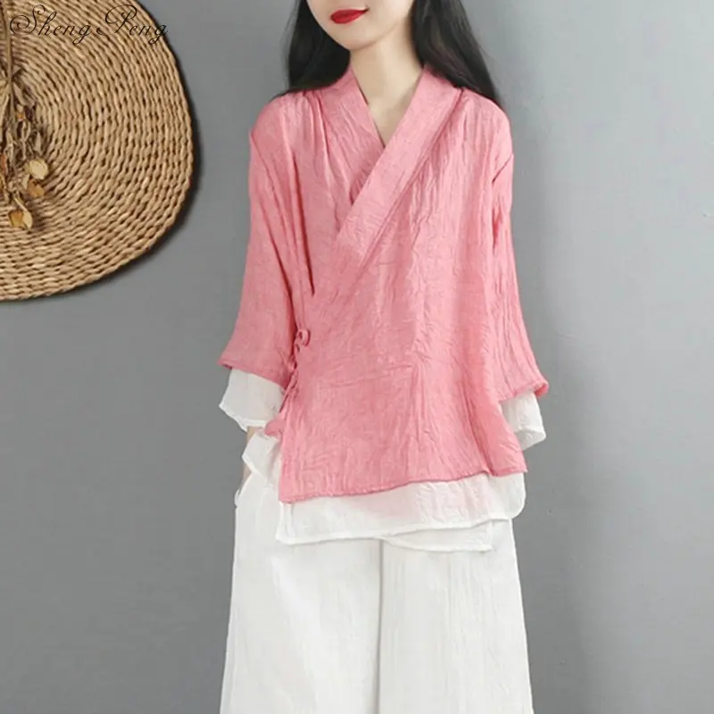 

New linen shirt women top traditional Chinese style top blouses solid color linen shirt oriental clothing V1475