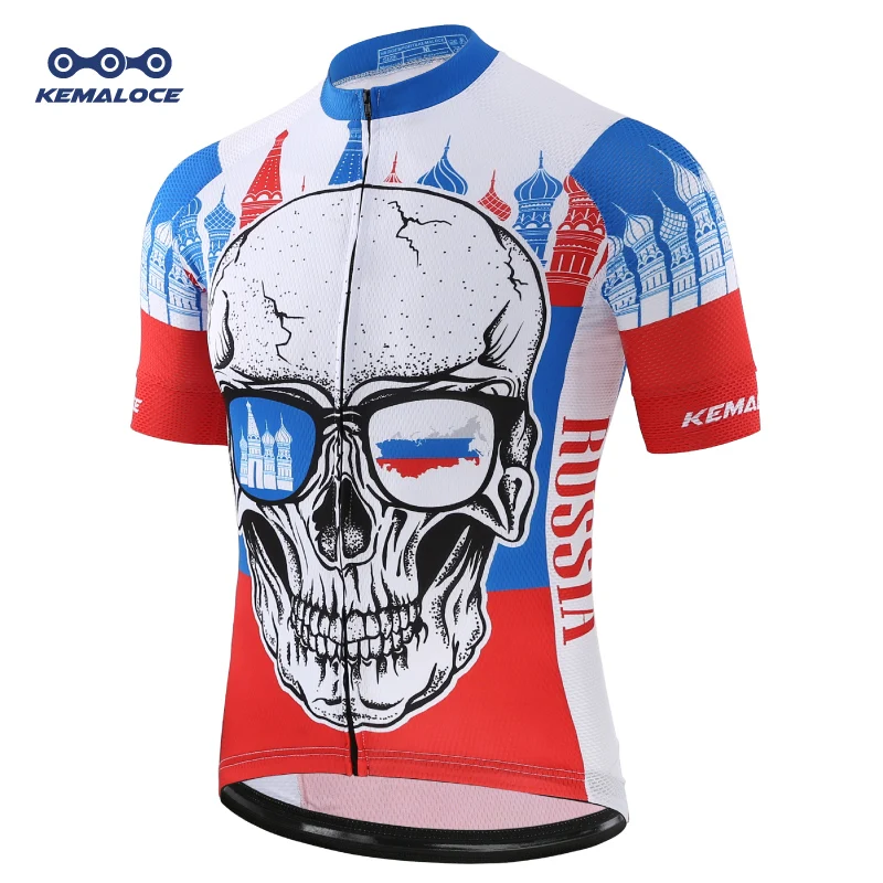 KEMALOCE Bike Jersey Russian Pro Breathable Summer Skull Racing Clothes Men Polyester Bicycle Shirts Maillot Cycling Wear
