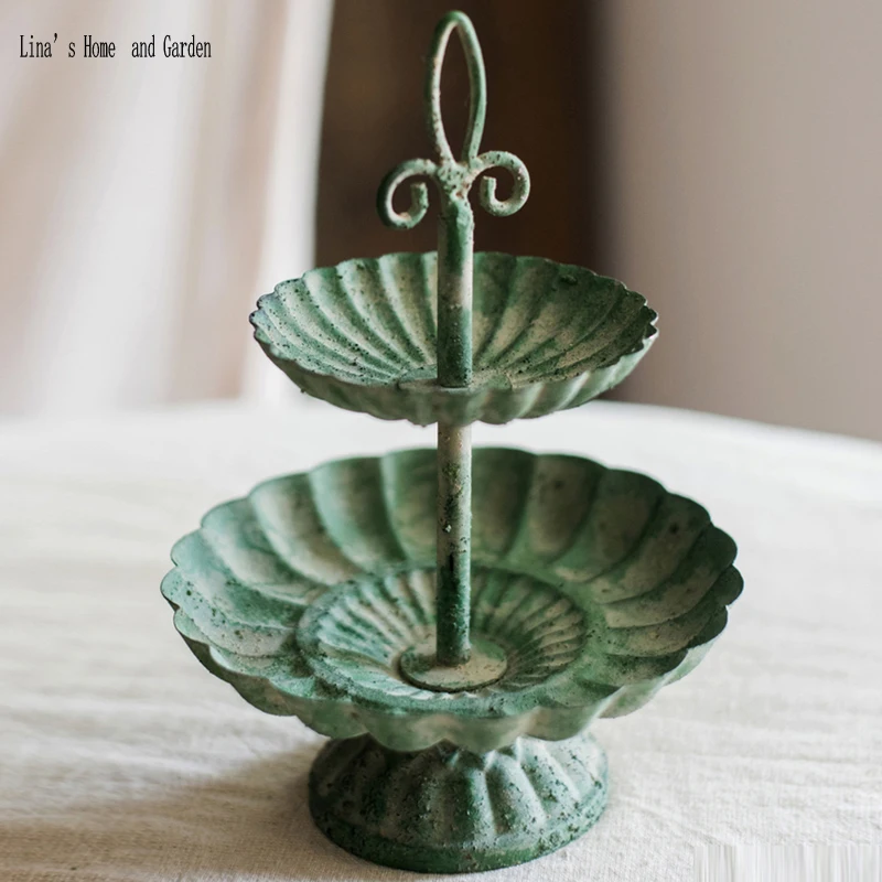 Antique Vintage Handcrafted 2 Tiered Plate Metal Stand