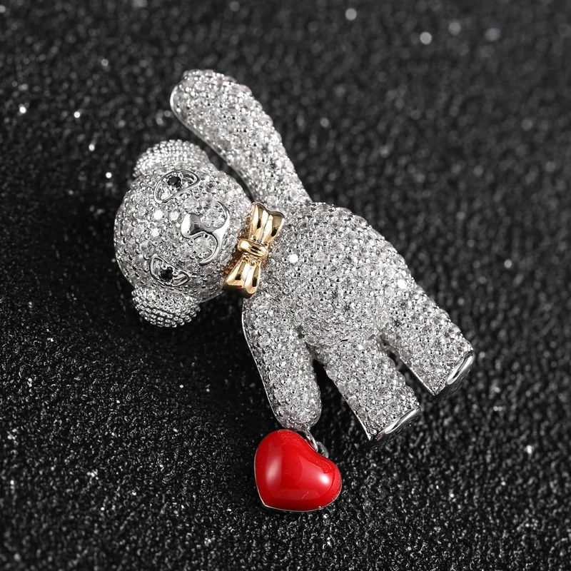 Lovely Bear Zircon Brooches for Women Sweet Teddy Holding Red Heart Enamel Pins Bow knot Brooch Vintage Animal Jewelry Broche