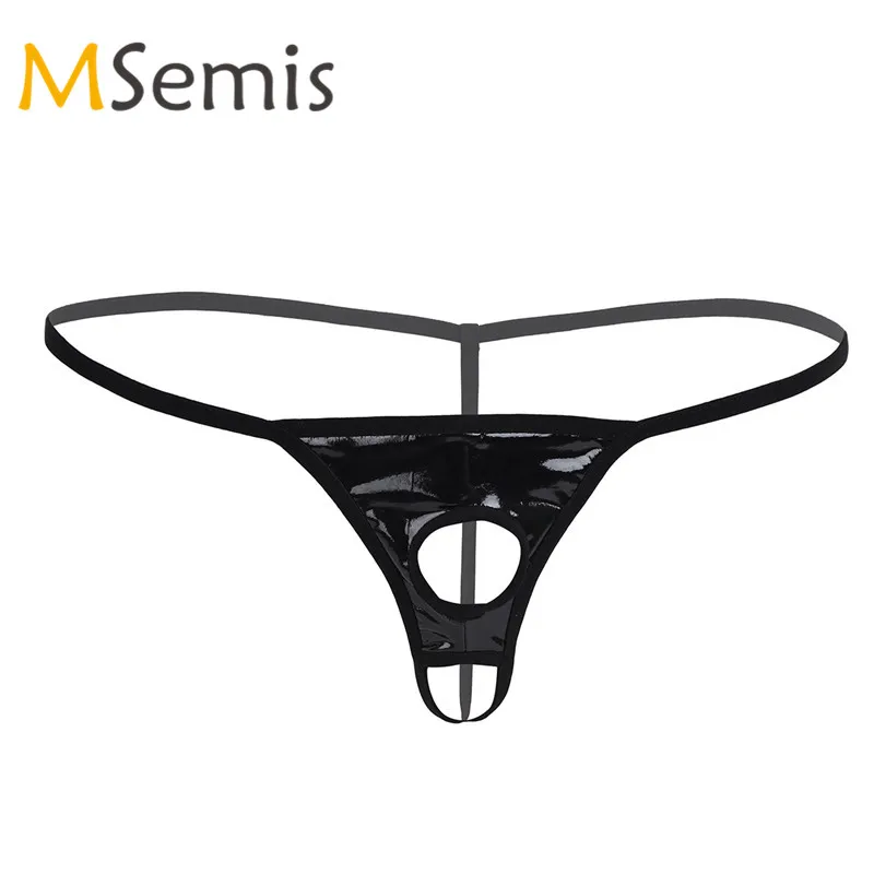 MSemis New Men Exotic Sexy Lingerie Patent Leather Panties G-string Underwear Open Butt Thong Gay Mens Panties with Penis Holes